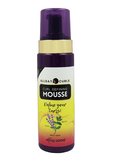 Bottle of AllDay Curls Curl Defining Mousse with purple and yellow design on a white background